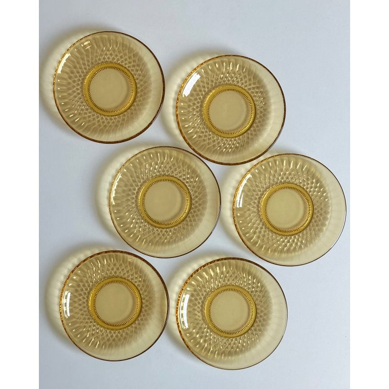 Kagetallerkner, ravfarvet glas, 6 stk samlet