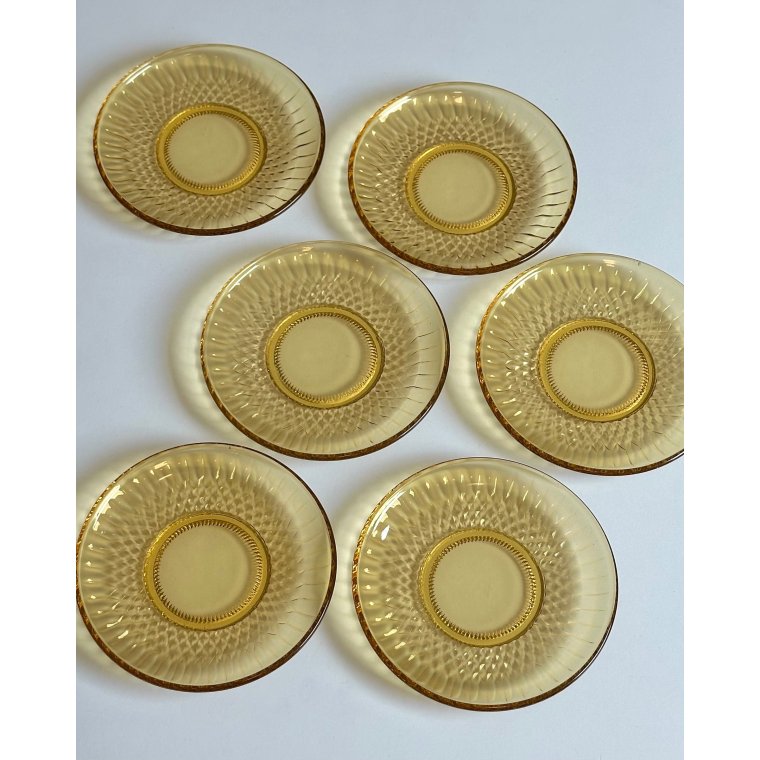 Kagetallerkner, ravfarvet glas, 6 stk samlet