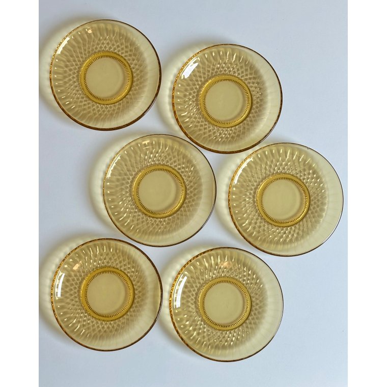Kagetallerkner, ravfarvet glas, 6 stk samlet