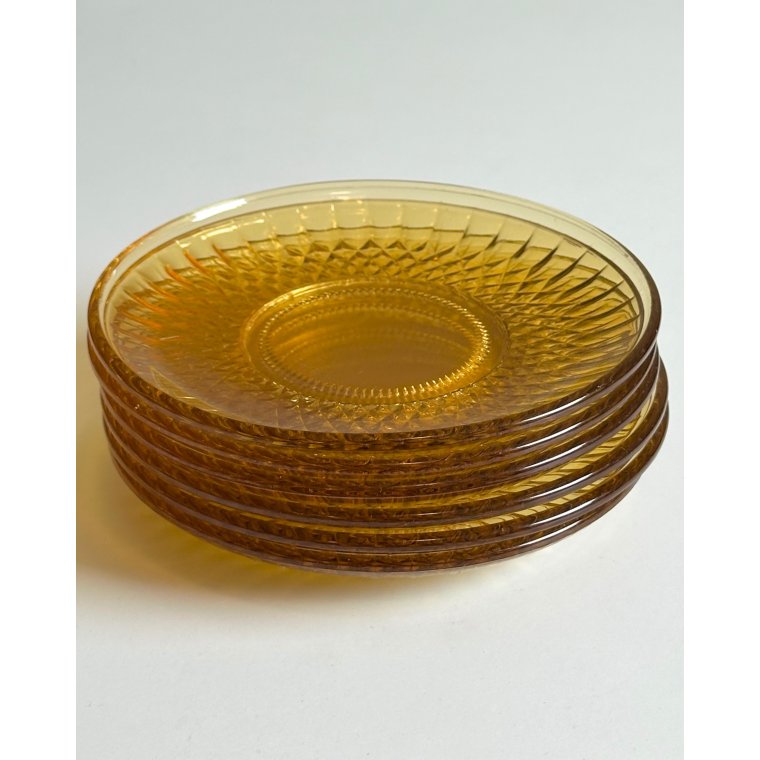 Kagetallerkner, ravfarvet glas, 6 stk samlet