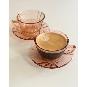 Rosy glass cup w saucer, 2 sets