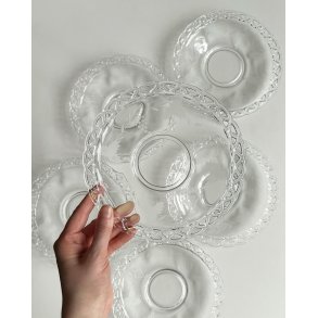 Glass plates w motifs and pierced trim, set of 6