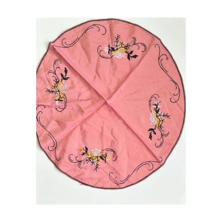 Rund minidug, rosa m sort broderi