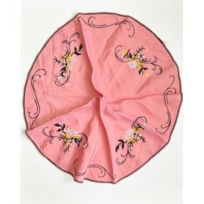 Rund minidug, rosa m sort broderi