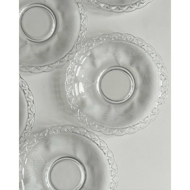 Glass plates w motifs and pierced trim, set of 6